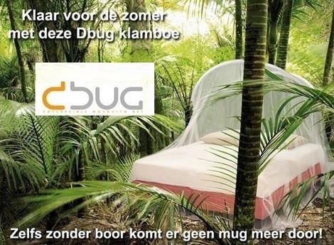 Klamboe,muskietennet,eenpersoons,tweepersoons bed, reis,mug,insekt,Dbug,design,tentstok,net,voet